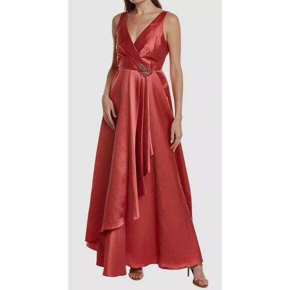 SACHIN BABI Lipstick Red Jess Gown Size 6 Pleated Wrap Asymmetrical Panel Dress - Picture 1 of 7